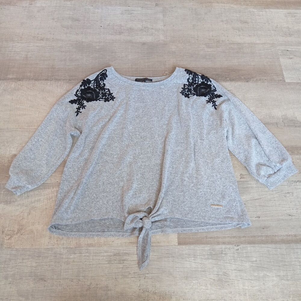 XL Adrienne Vittadini Shirt Top Womens Grey Lightweight Ruffled Sleeves